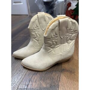 Women Beige Western Cowboy Boots Low Heel Pointed Toe Fashion Ankle Boots Size 8